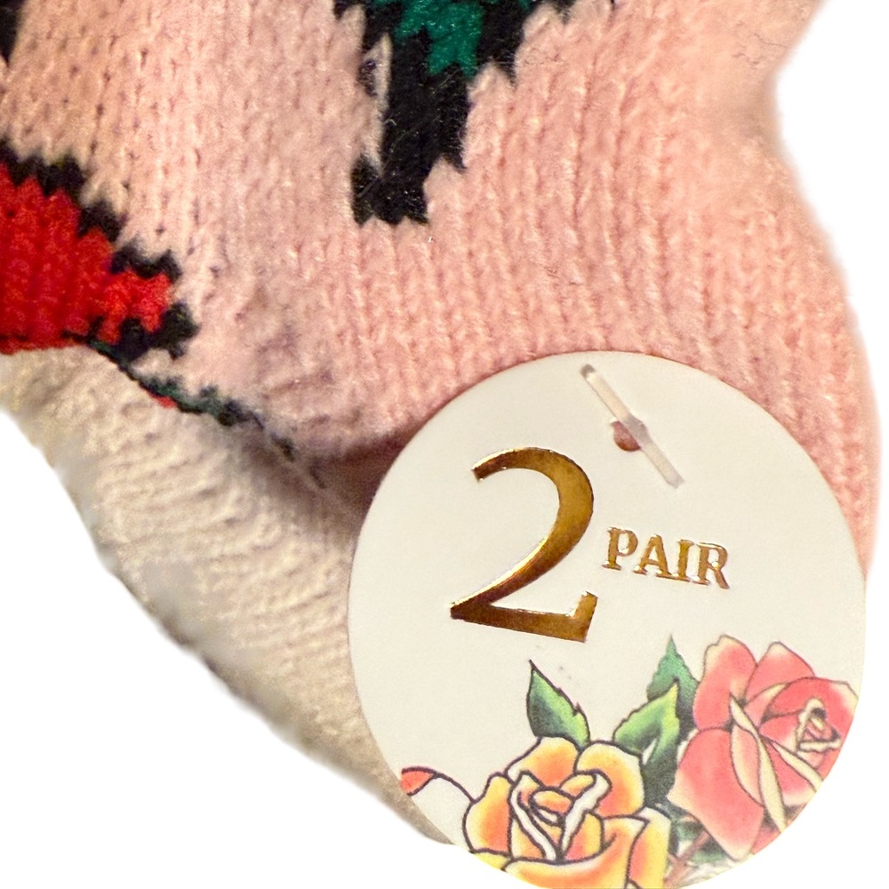 Ed Hardy NWT Classic Ed Hardy Pink Skull Heart and Taupe Waffle Slouchy Socks - Picture 3 of 6